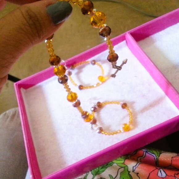 Swarovski Crystal Hand-Made Chocolate Orange Yellow Earring Bracelet set - Picture 10 of 11